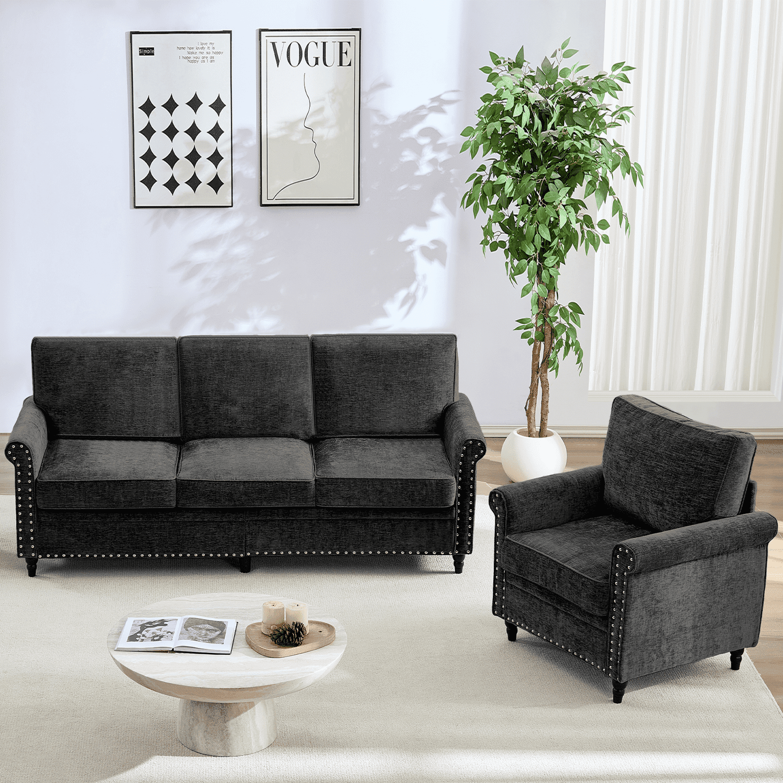 ZAFLY 2 Piece Living Room Sofa Set, 3 Seat Sofa and Armchair Sets ...