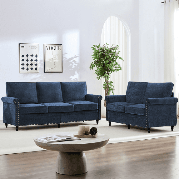 ZAFLY, Living Room Sofa Set, 2 Piece with Solid Wood Frame, Blue ...