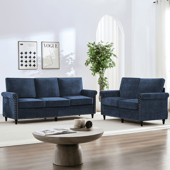 ZAFLY 2 Piece Living Room Sofa Set, Couch and Loveseat Set with Solid Wood Frame for Living Room - Blue