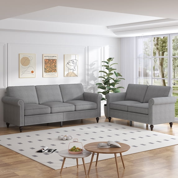 ZAFLY 2 Piece Living Room Sofa Set, Loveseat Couch and 3 Seat Sofa with Solid Wood Frame for Living Room - Light Gray