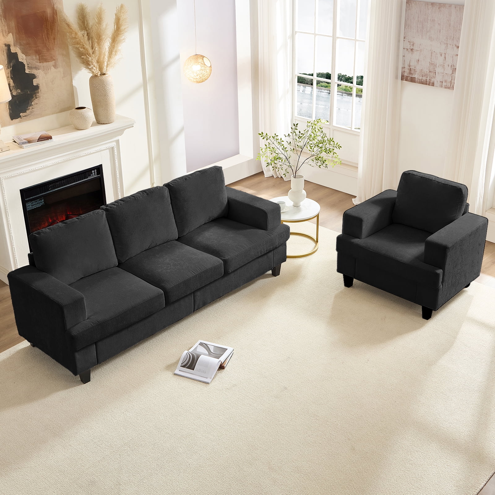 ZAFLY 2 Piece Living Room Sofa Set with Solid Wood, Chenille Couch and ...