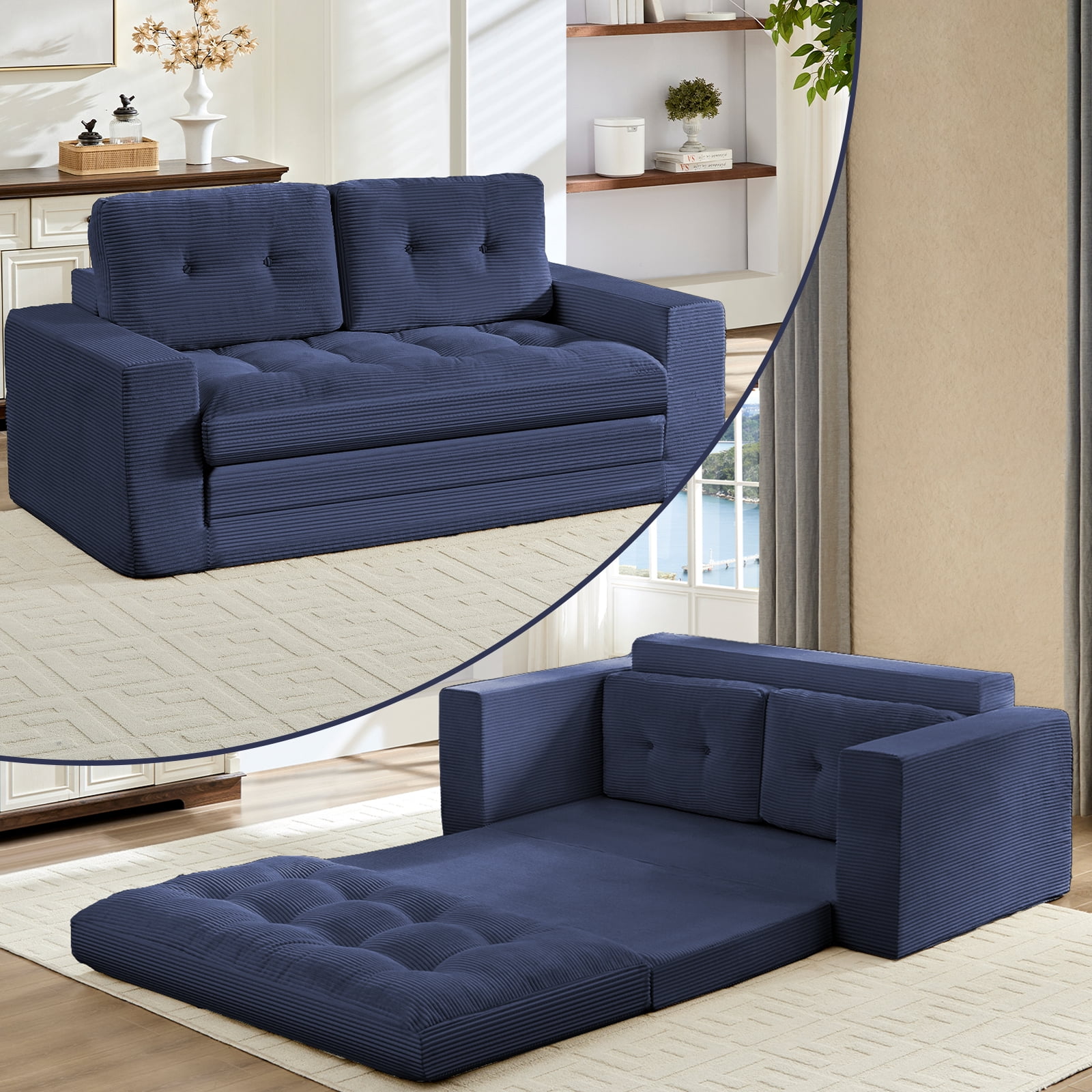 ZAFLY 2 in 1 Convertible Loveseat, Futon Sleeper Sofa Bed, Floor Couch for Small Space - Blue