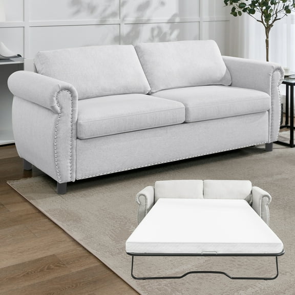 ZAFLY 2-in-1 Full Size Pull Out Sofa Bed | Convertible Loveseat with Mattress | Sleeper Sofa Couch for Living Room/Apartment, Beige