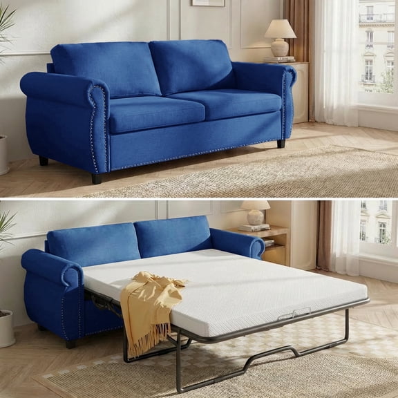 ZAFLY 2-in-1 Queen Size Pull Out Sofa Bed | Convertible Loveseat with Mattress | Sleeper Sofa Couch for Living Room - Blue