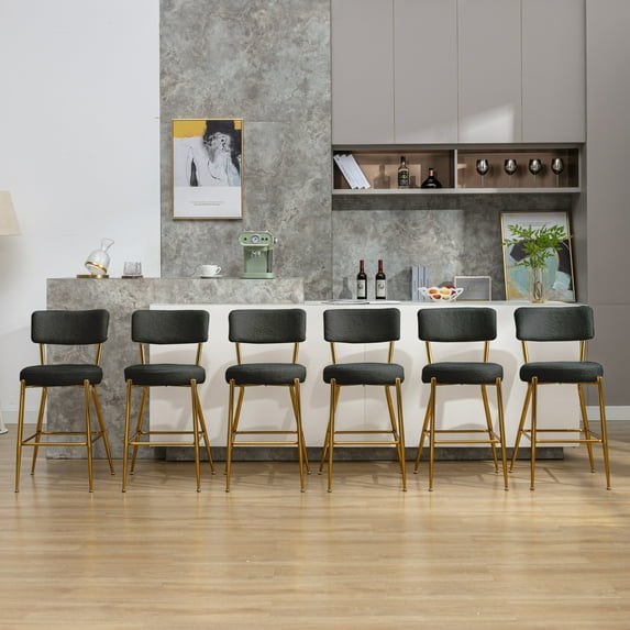 ZAFLY 24" Counter Height Bar Stools, Teddy Fleece Velvet Dinning Chair with Metal Legs for Kitchen Island - Black, Set of 6