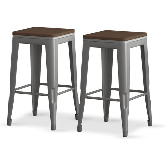 ZAFLY 26" Backless Bar Stool, Industrial Style Counter Height Barstool, Indoor/Outdoor Stackable Bar Chair, Set of 2 (Gun Grey)