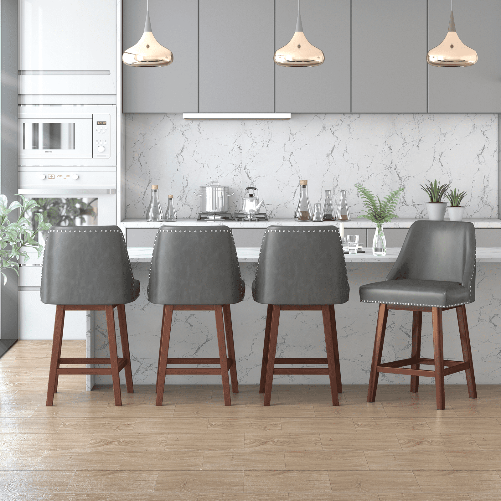 "ZAFLY 26"" Swivel Counter Height Bar Stools, Leather Chairs with Backs, Retro Gray Barstools ...