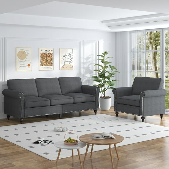 ZAFLY 2Piece Living Room Sofa Set, 3 Seat Sofa and Armchair Sets, Sectional Couch Furniture Sets for Living Room - Dark Gray