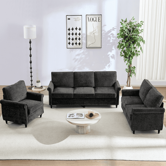 ZAFLY 3 Piece Living Room Furniture Set, 3 Seat Sofa + Loveseat ...