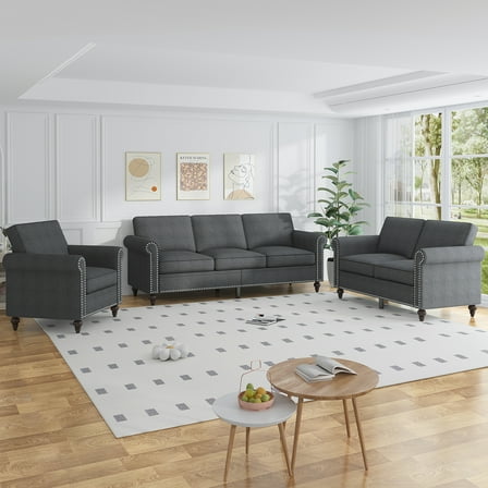 ZAFLY 3 Piece Living Room Sofa Set, 3 Seat Sofa + Loveseat + Armchair, Couches Sets with Solid Wood Frame for Living Room - Dark Gray