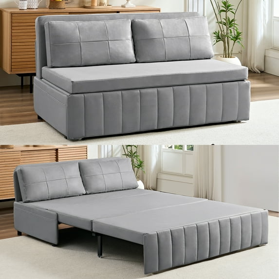 ZAFLY 3 in 1 Convertible Sleeper Sofa Bed, Leathaire Pull Out Couch Bed for Living Room - Blue Gray