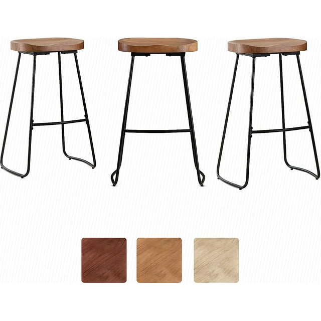 ZAFLY 30" Backless Wood Bar Stool with Footrest,Solid Wood Saddle Seat
