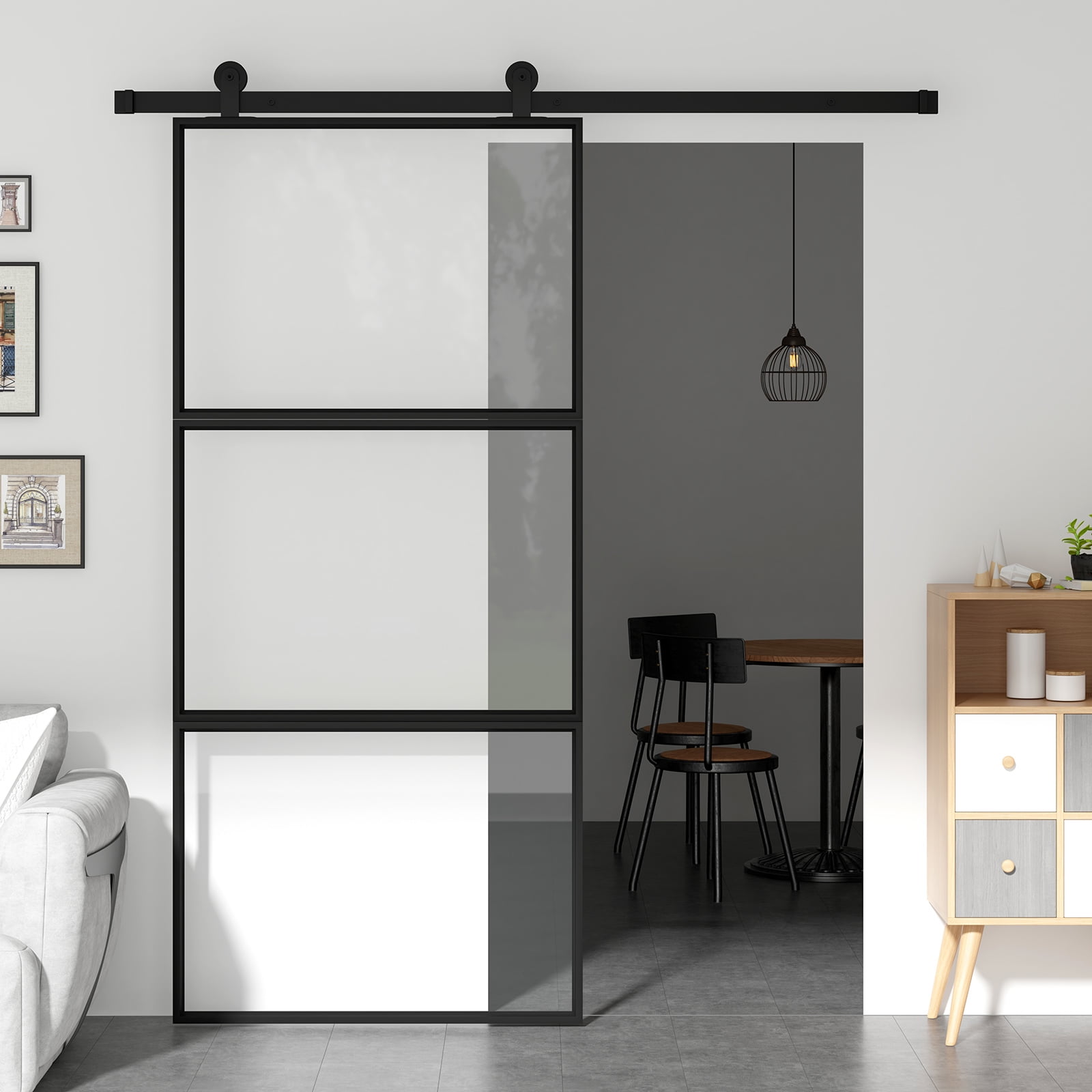 Black Metal Sliding Barn Door with Clear Tempered Glass Panels