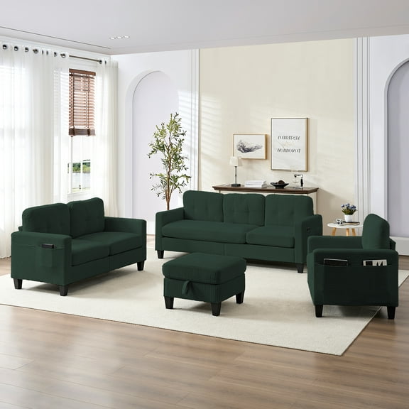 ZAFLY 3PCS Sectional Couch Set, Living Room Furniture Sofa Sets, Include Sofa, Loveseat & Chair - Green