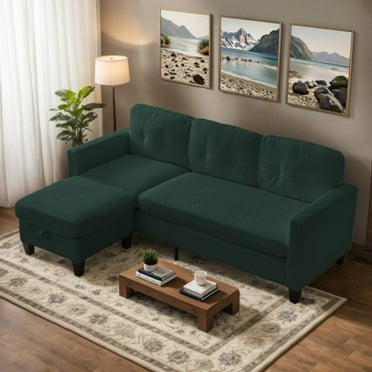 ZAFLY 76” Small Sectional Sofa, 3 Seater Sofa with Movable Storage Ottoman, Convertible Sofas and Couches for Living Room - Green