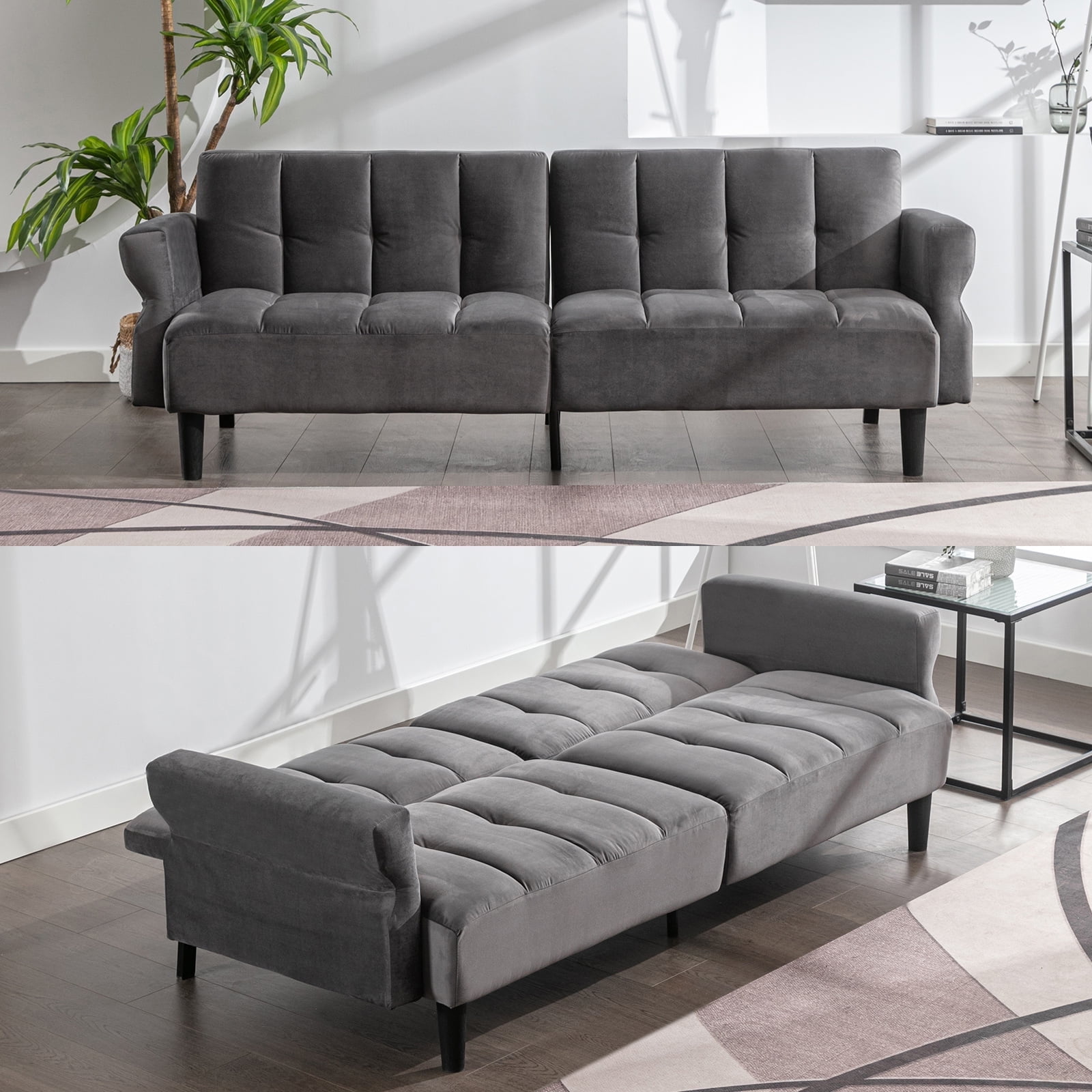 ZAFLY 78" Velvet Futon Sofa Bed, Convertible Sleeper Sofa Loveseat for Living Room - Light Grey