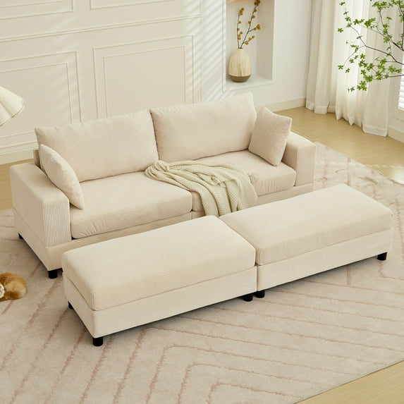 ZAFLY 85” Beige Sectional Sofa with Chaise, Oversized Loveseat Deep Seat Couch, Corduroy Sleeper Sofa for Small Spaces/Apartment