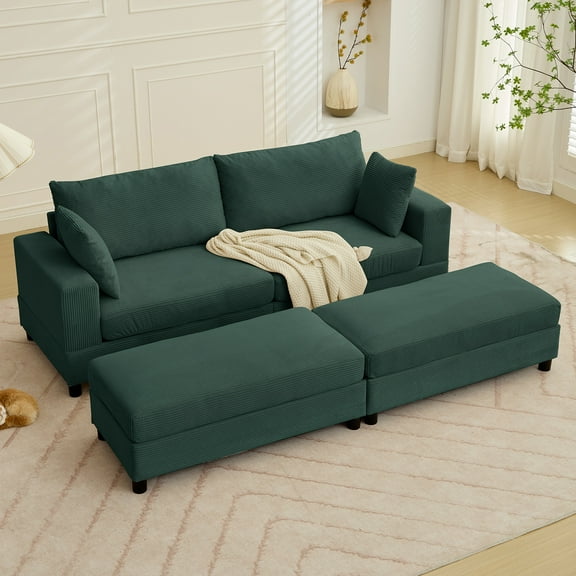ZAFLY 85” Green Sectional Sofa with Chaise, Oversized Loveseat Deep Seat Couch, Corduroy Sleeper Sofa for Small Spaces/Apartment