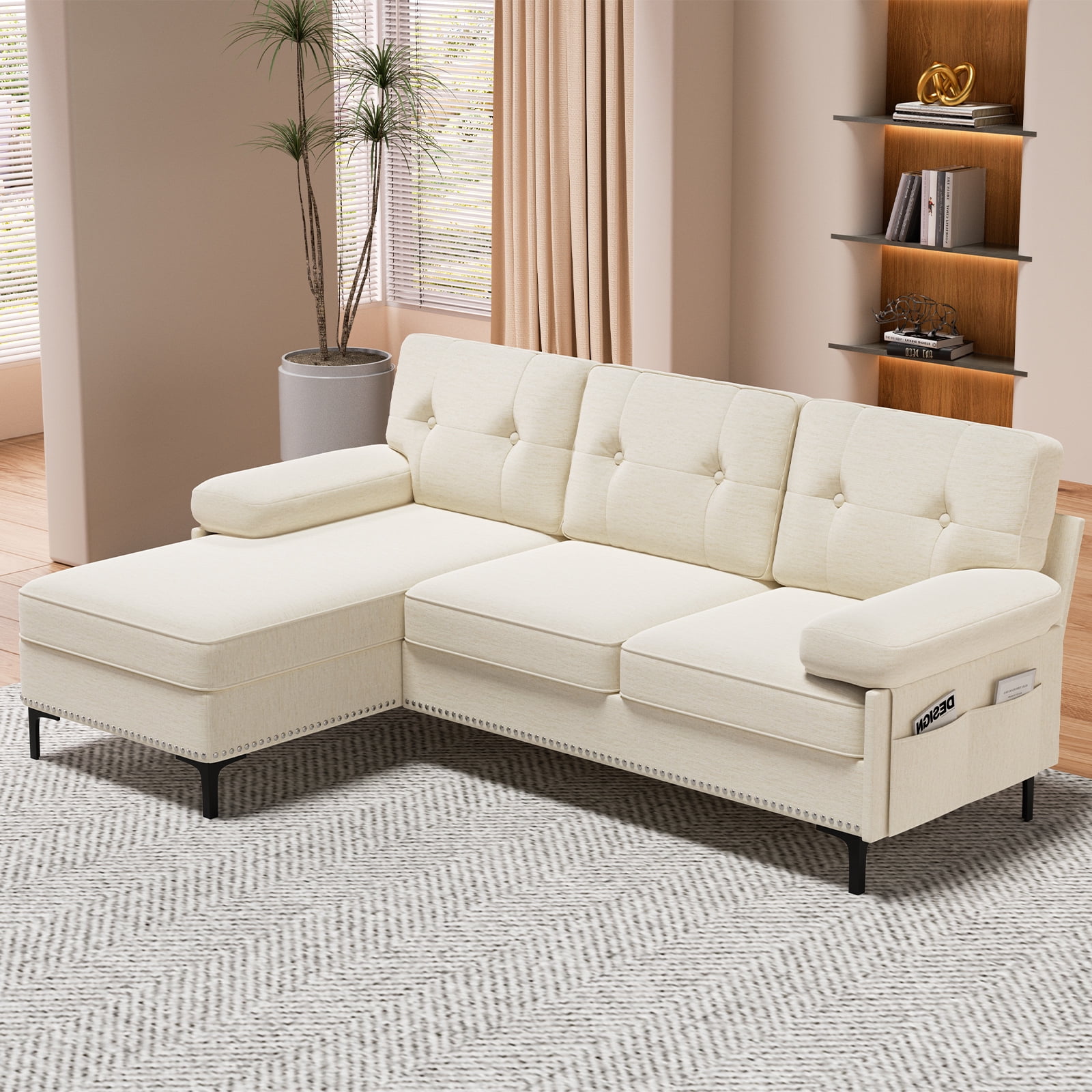 ZAFLY 85" Sectional Sofa, L Shaped Couches and Sofas, 3 Seater Sofa for Living Room, Beige