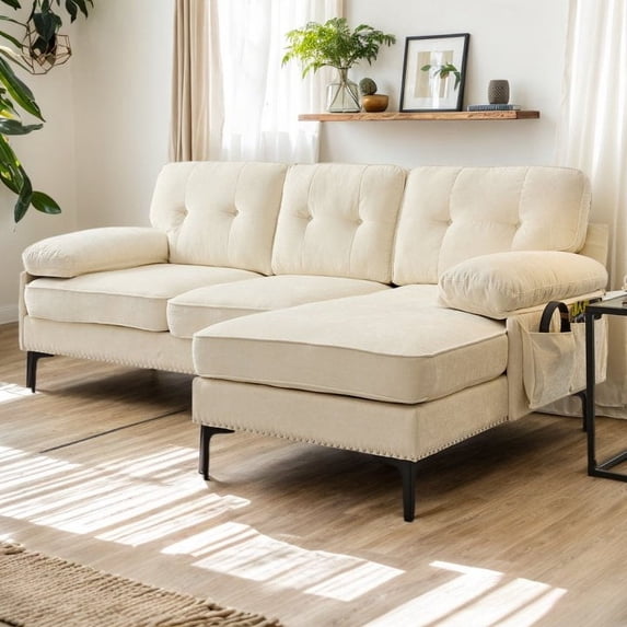 ZAFLY 85" Sectional Sofa, L Shaped Couches and Sofas, Chenille 3 Seater Sofa for Living Room, Beige