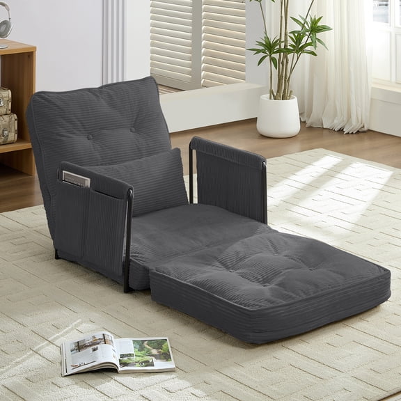 ZAFLY Adjustable Floor Sofa Bed, Multi-Functional Bean Bag Chair, 6-Position Foldable Lazy Sofa with Armrest, Sleeper Sofa for Reading/Gaming - Gray, Twin