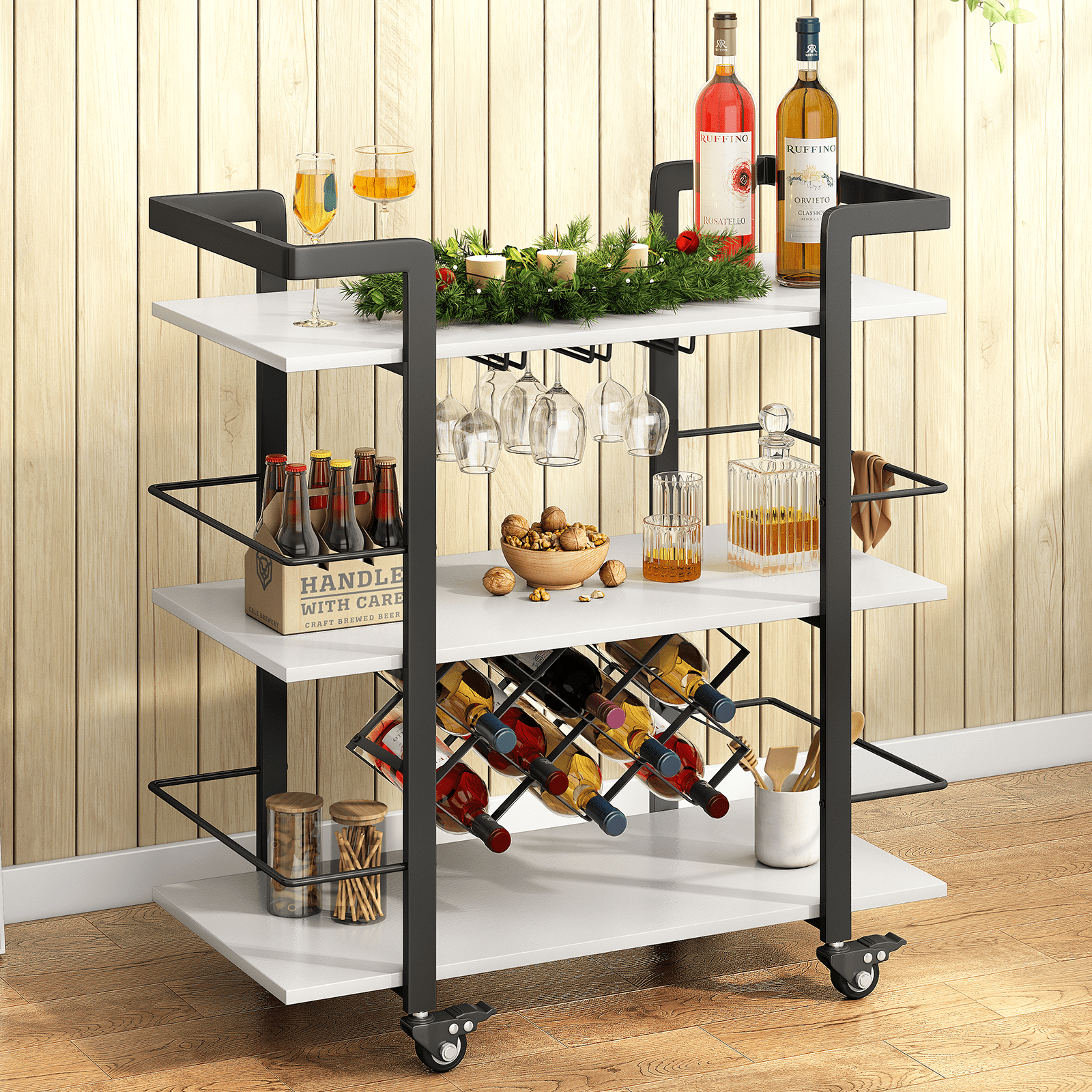 ZAFLY Bar Cart, Modern Liquor Bar Cart with Wheels, Metal Bar Serving