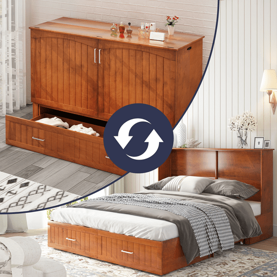 ZAFLY Cabinet Bed | Murphy Bed Queen Size with Poplar Solid Wood | Murphy Bed with Foldable Mattress for Bedroom/Living Room - Cherry