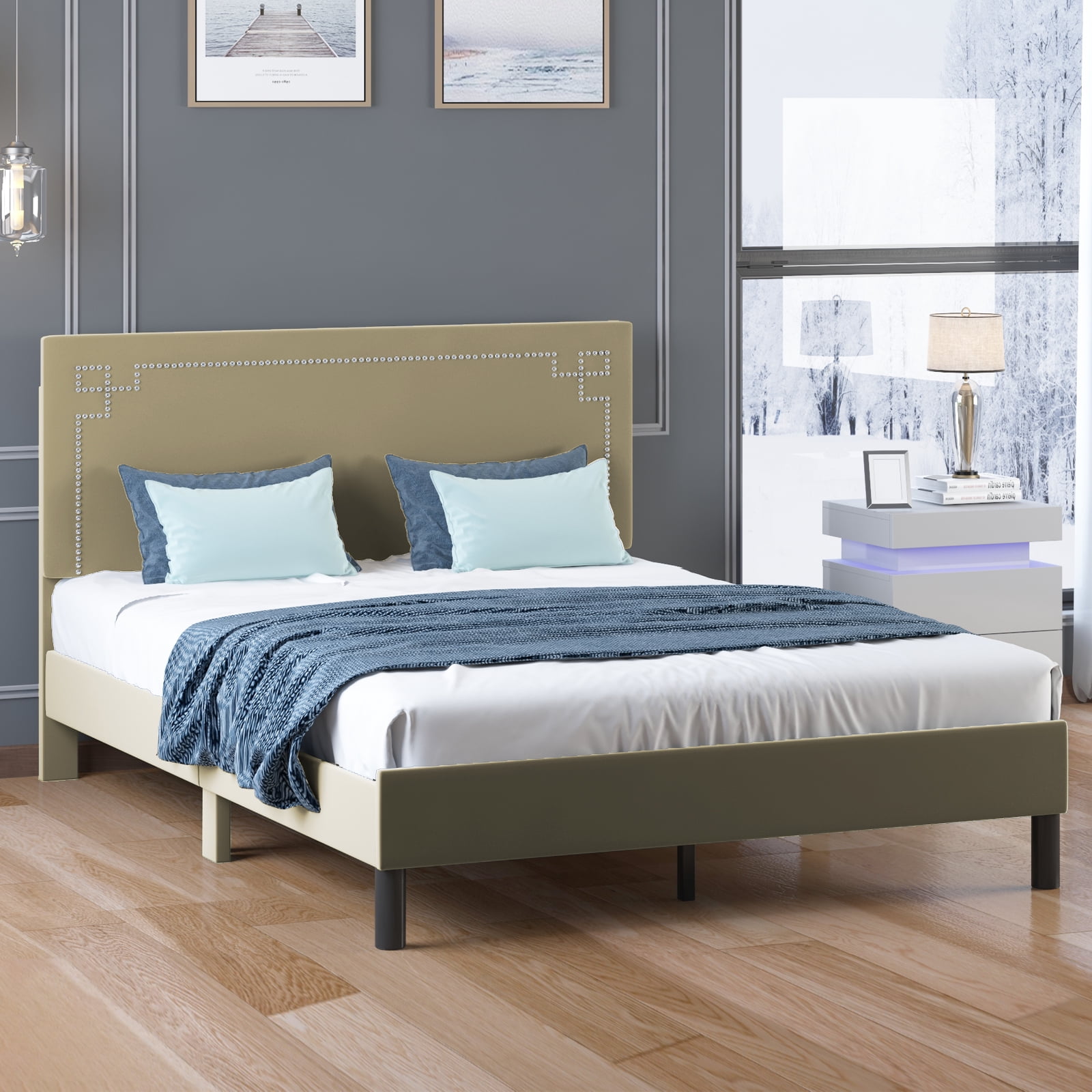 ZAFLY Cal King Platform Bed Frame Upholstered Velvet Backrest