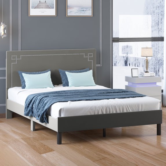 ZAFLY Cal King Platform Bed Frame Upholstered Velvet Backrest,Adjustable Tufting Headboard Bed Frame with Solid Wood Slats Easy Assembly(Light Grey)