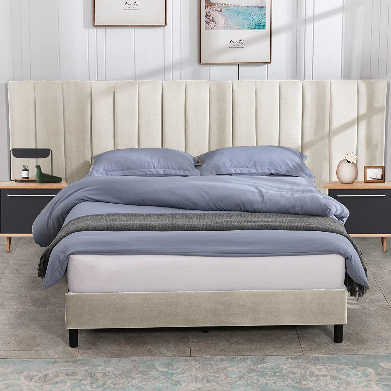ZAFLY California King Bed Frame with Oversized Headboard | Velvet ...