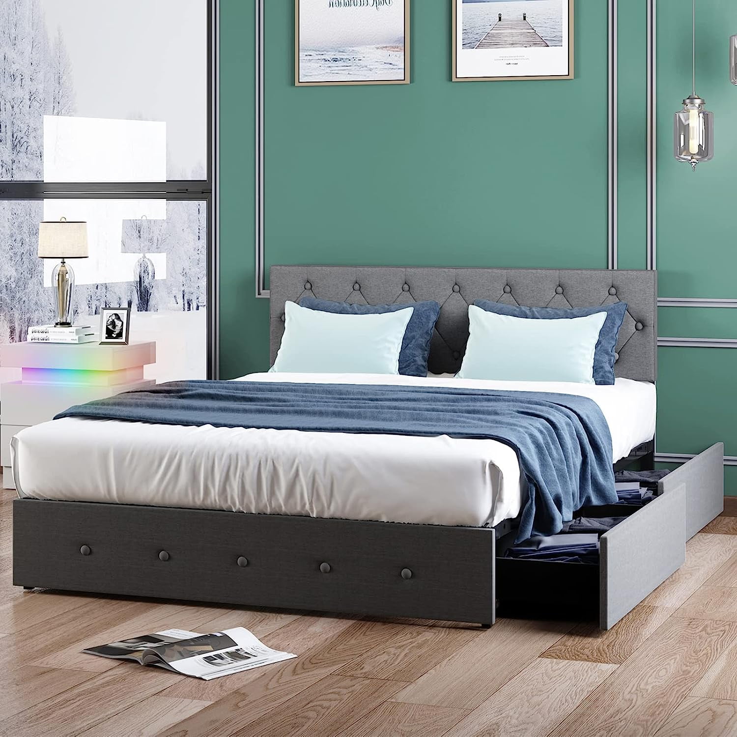 ZAFLY California King Size Bed Frame with 4 Storage Drawers, Adjustable ...