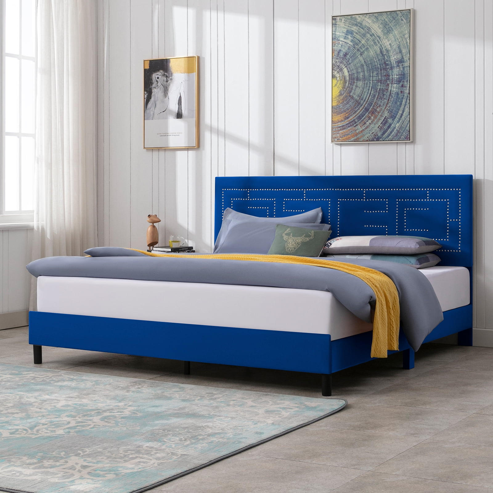 ZAFLY California King Size Upholstered Bed Frame, Shiny Nailhead