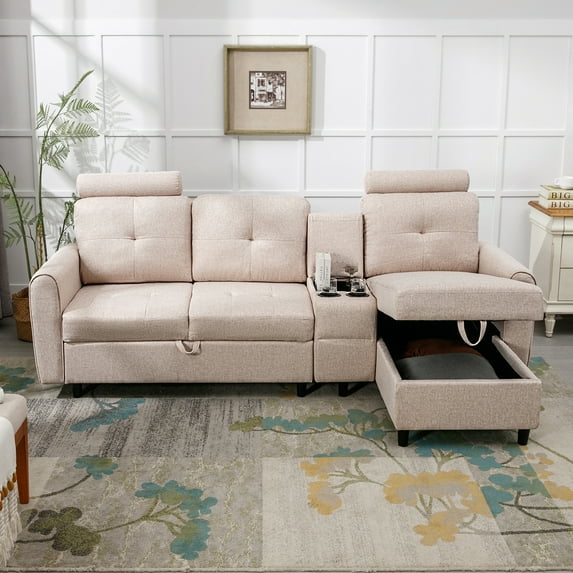ZAFLY Convertible Sectional Couch, L Shaped Sofa with Storage Chaise, Modern Sectional Sofa with Cup Holders and Neck Pillows, Reversible Sectional Couch for Living Room, Beige