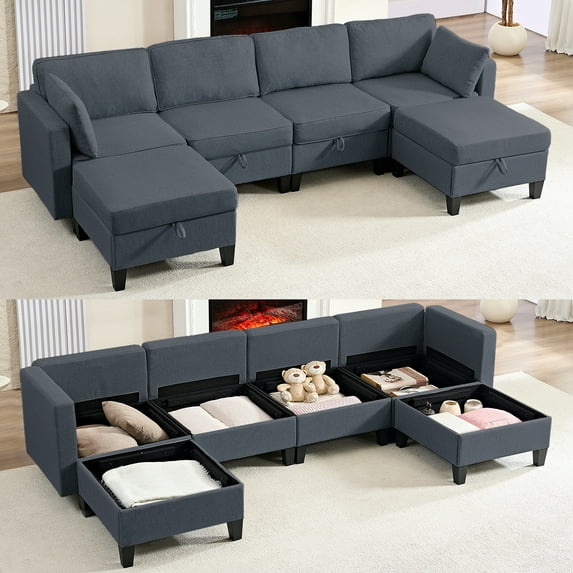 ZAFLY Convertible Sectional Sofa, U/L-Shaped Couch with Flexible Ottoman, Upholstered Sleeper Sofa with Storage, Modern Sofa Sets for Living Room - Dark Gray