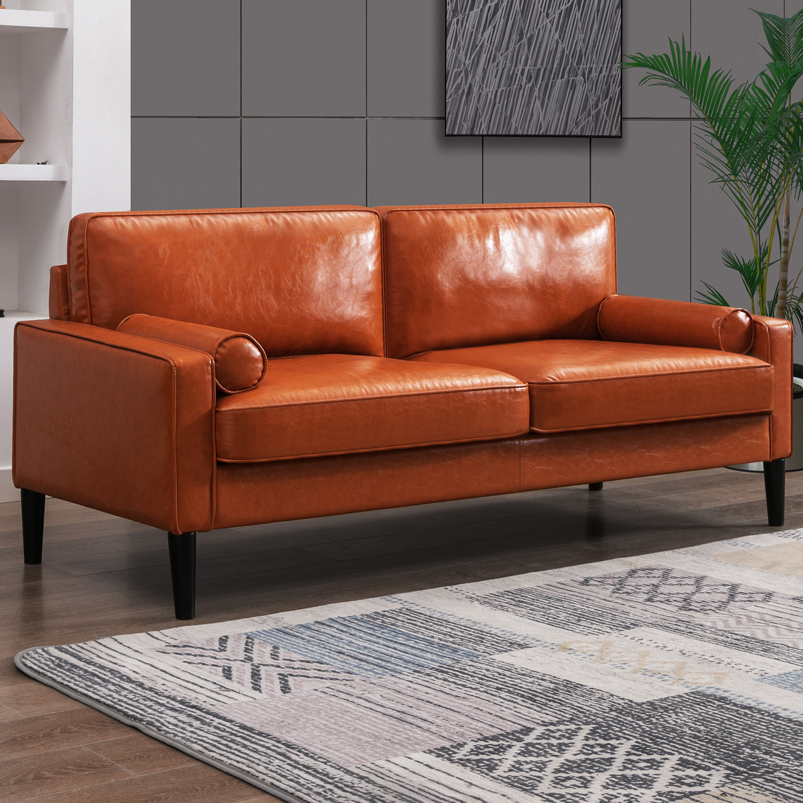 ZAFLY Faux Leather Accent Sofa Couch | Mid-Century 3 Seater Sofa Futon with Bolster Cushions | Upholstered Brown Furniture | Small Couch for Living Room Apartment - Cognac