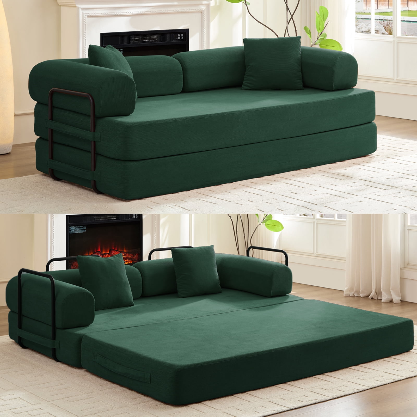 ZAFLY Folding Sofa Bed | Convertible Futon Sleeper Couch | Modern Floor Mattress | Corduroy Sofas and Couches for Living Room - Green