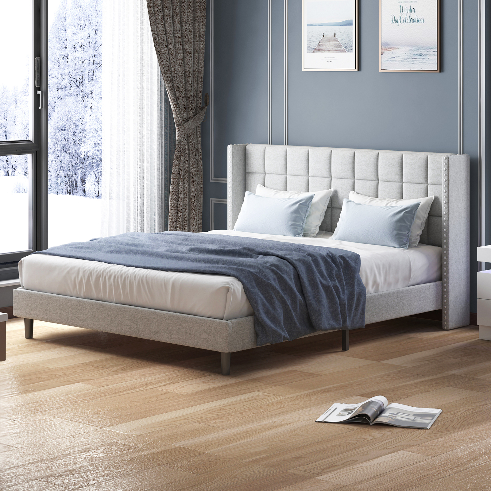 ZAFLY Full Size Bed Frame Bedroom Furniture Premium Velvet Wooden