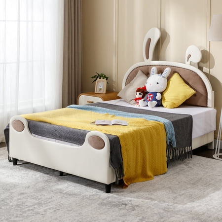 ZAFLY Full Size Bed Frames for Kids, Children Upholstered Bed with Rabbit Ears Headboard, Bunny Platform Bed for Girls, Princess Bed Frame