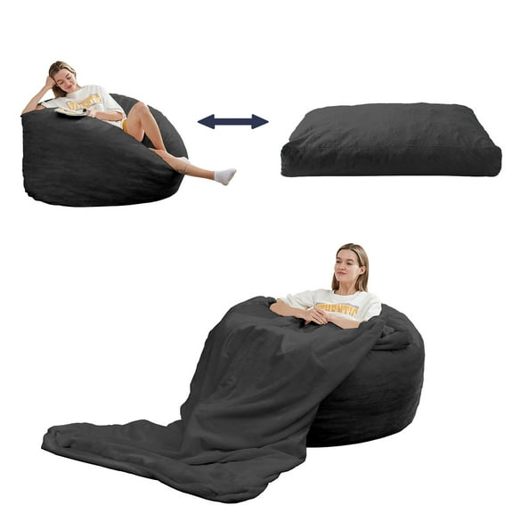 ZAFLY Giant Bean Bag Chair, Full Size Convertible Bean Bag Sofa, Faux Rabbit Fur Lazy Chair for Adults - Dark Gray