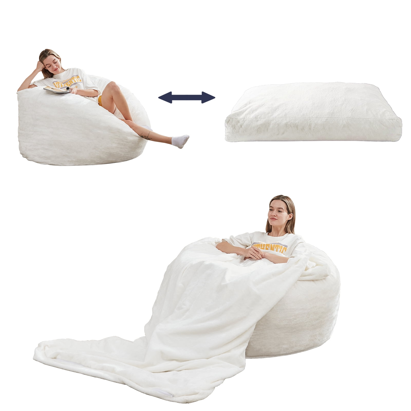 ZAFLY Giant Bean Bag Chair, Full Size Convertible Bean Bag Sofa, Faux Rabbit Fur Lazy Chair for Adults - White