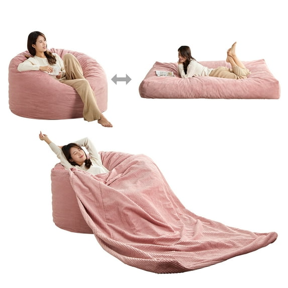 ZAFLY Giant Bean Bag Chair, Queen Size Convertible Bean Bag Sofa, Corduroy Lazy Chair for Adults - Pink