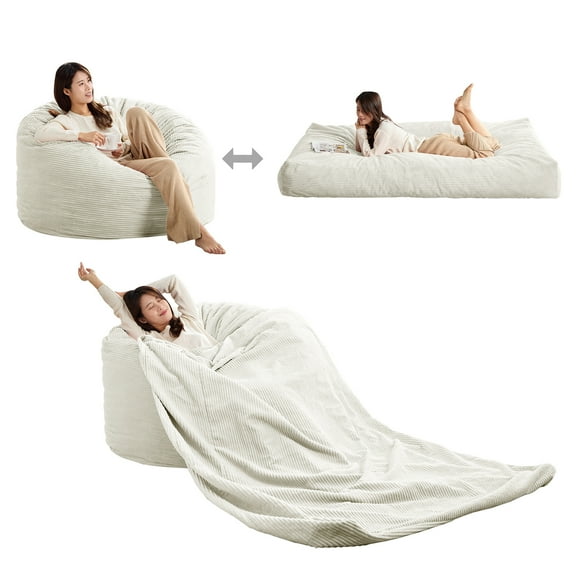 ZAFLY Giant Bean Bag Chair, Queen Size Convertible Bean Bag Sofa, Corduroy Lazy Chair for Adults - White