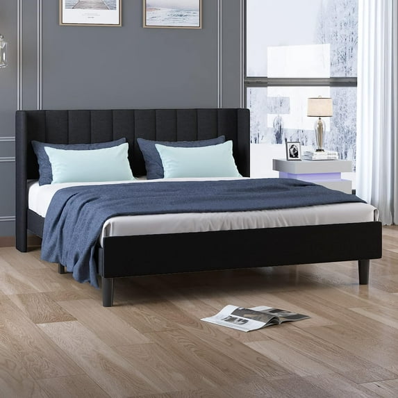 ZAFLY King Linen Upholstered Platform Bed Frame,King Size Bed Frame with Modern Geometric Wingback Headboard,Wood Slat Support,No Box Spring Needed,Easy Assembly (King Size,Black)