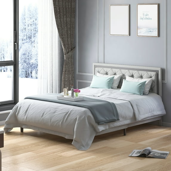 ZAFLY King Size Bed Frame, Upholstered Platform Bed Frame with Adjustable Headboard/Diamond-Shaped Button Tufted Bed Frame with Wood Slat Support/No Box Spring Needed(King, Light Grey)