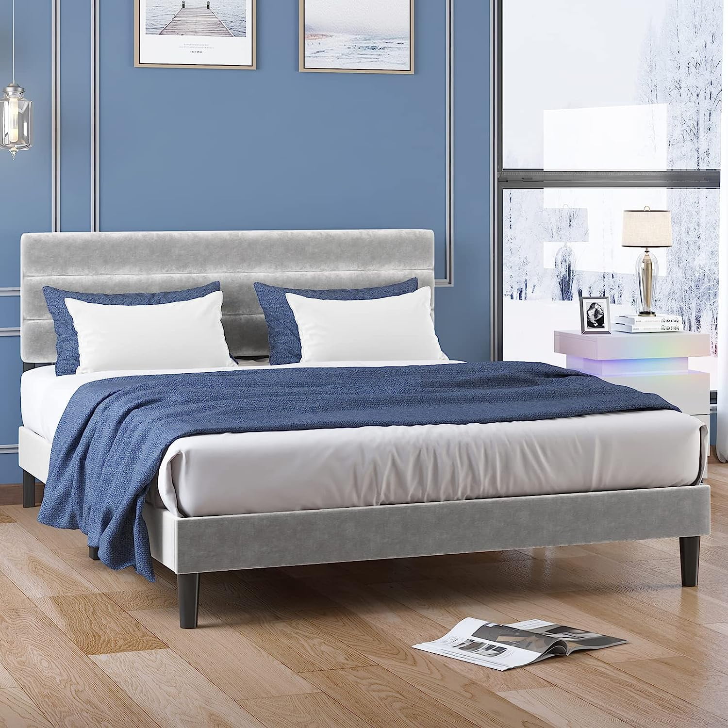 Zafly King Size Platform Bed Frame With Adjustable Headboard Upholstered Dutch Velvet Fabrics Zafly King Size Platform Bed Frame With Adjustable Headboard Upholstered Dutch Velvet Fabrics