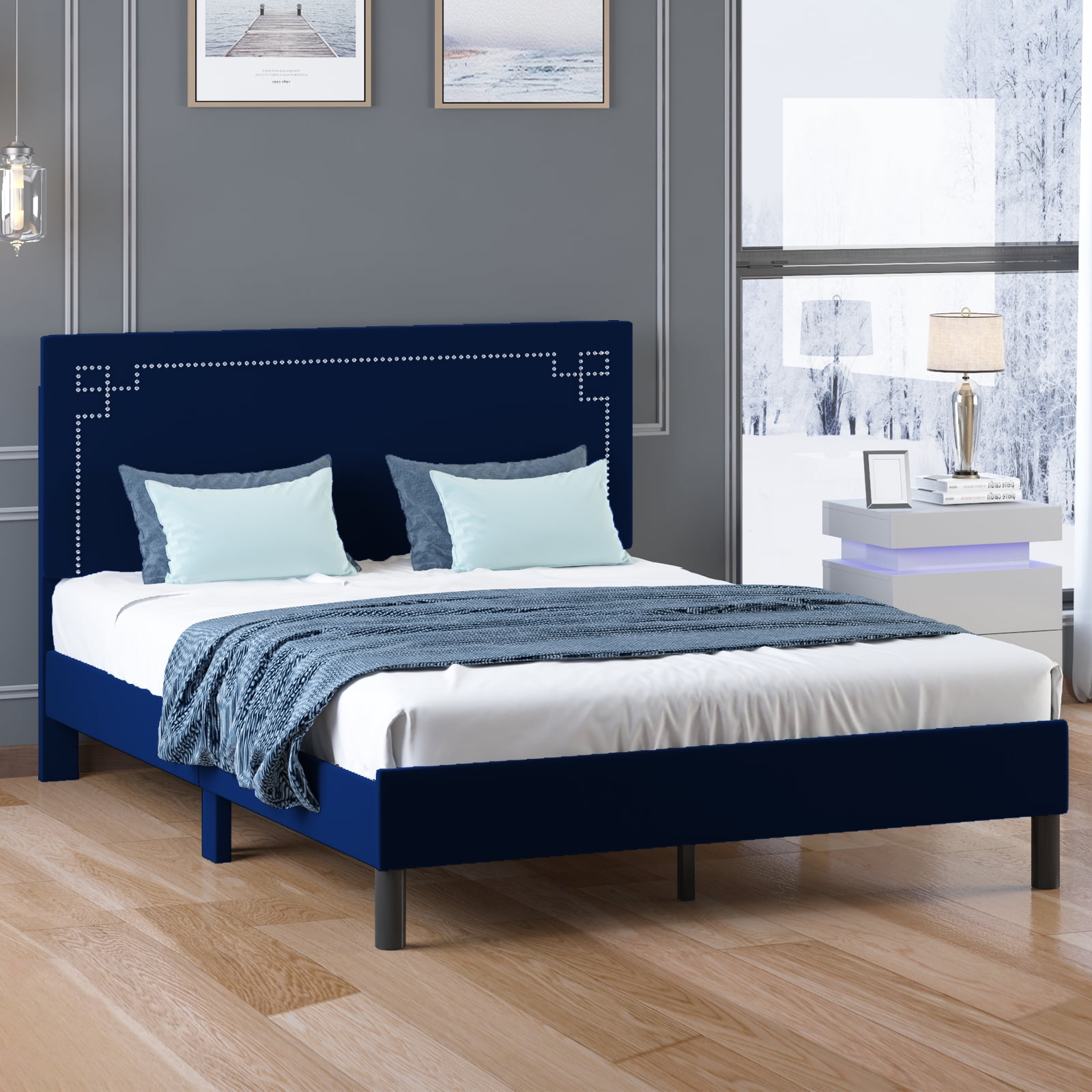 Zafly King Size Platform Bed Frame Upholstered Velvet Backrest Adjustable Tufting Headboard Bed Zafly King Size Platform Bed Frame Upholstered Velvet Backrest Adjustable Tufting Headboard Bed