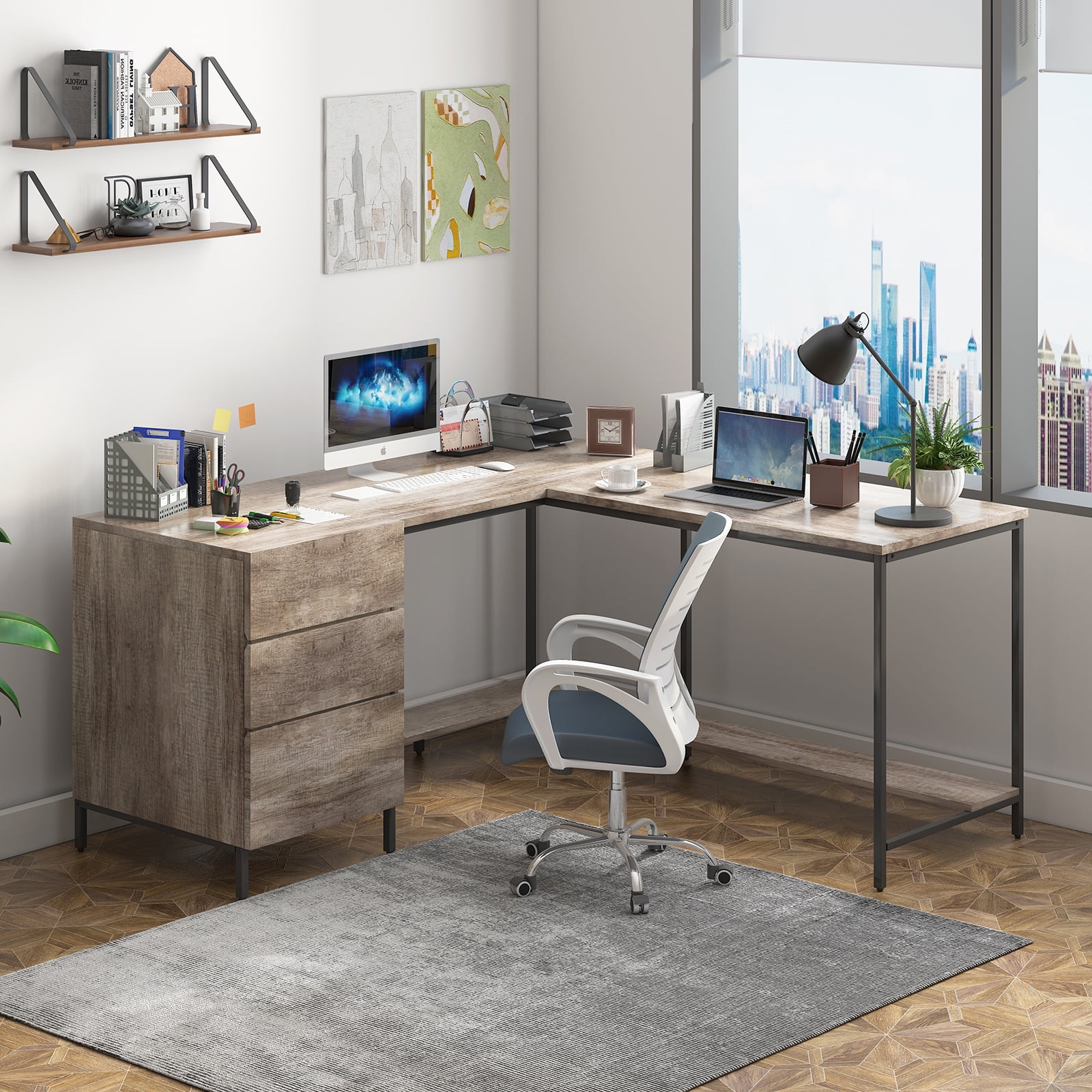 ZAFLY L Shaped Computer Desk with Drawers, Large Corner Office Desk, Modern Executive Desk