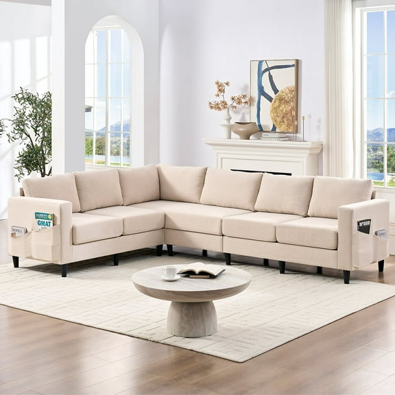 ZAFLY L-Shaped Couch, Sectional Sofa with Linen Fabric, Corner Couches and Sofas for Living Room - Beige