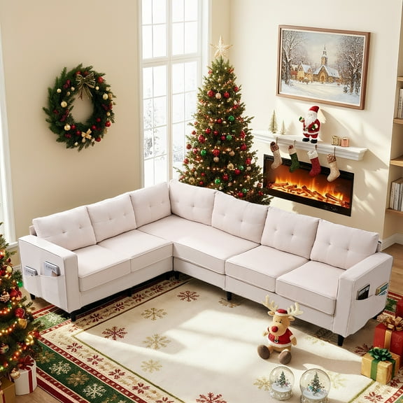 ZAFLY L Shaped Sectional Couch, Corner Couches and Sofas with Side Pockets, Sectionals for Living Room - Beige