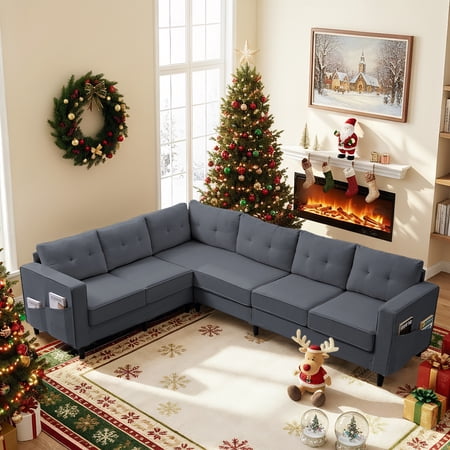 ZAFLY L Shaped Sectional Couch, Corner Couches and Sofas with Side Pockets, Sectionals for Living Room - Grey